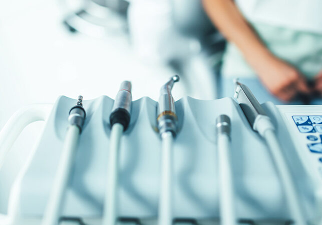 Dental instruments closeup on the dental chair